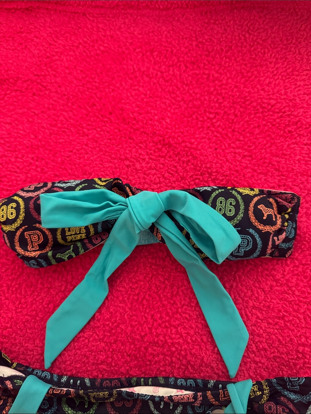 Victoria's Secret Black Multicolor Patterned Bandeau Bikini with Teal Tie - Picture 3 of 8